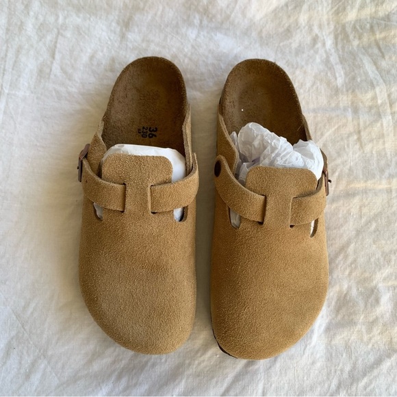 Birkenstock Shoes - Birkenstock Boston Suede Leather Clog Slip Ons Shoes Latte Cream